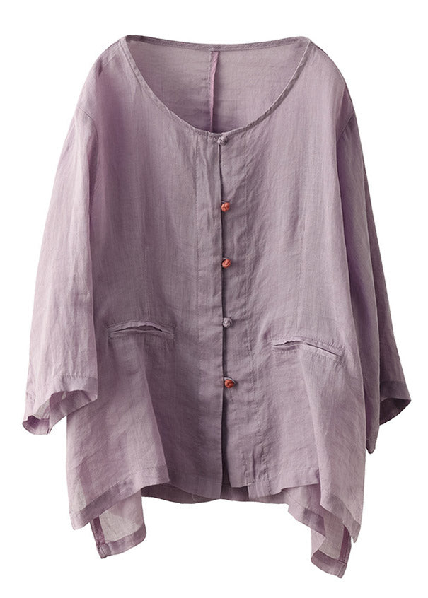 Purple O-neck Button Linen Shirt Long Sleeve
