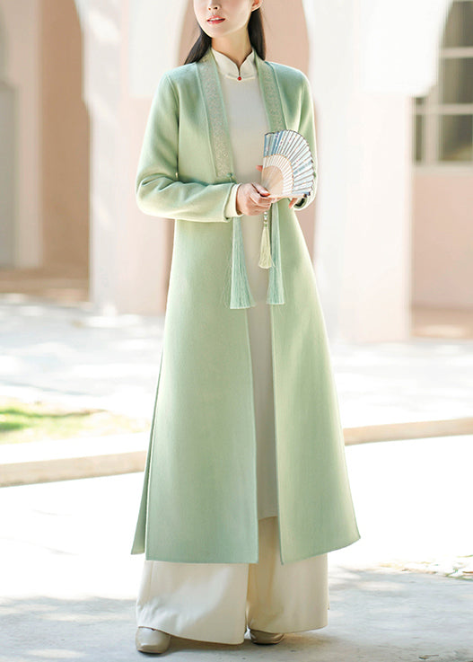 Light Green Tasseled Pockets Side Open Woolen Coat Fall