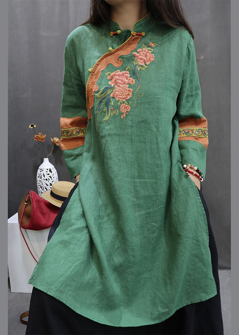 Green Stand Collar Embroideried Linen Holiday Dress Spring