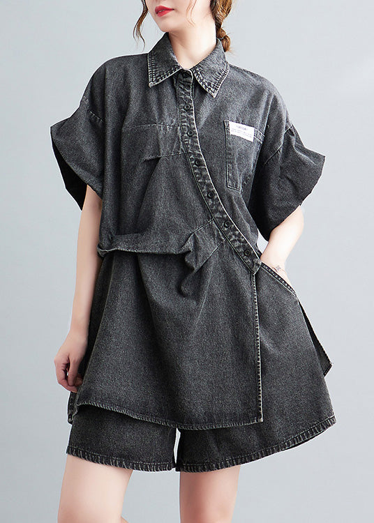 Denim Blue Peter Pan Collar Cotton Shirts and Shorts Two Pieces Set Summer