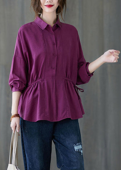 Purple Loose Button Tie Waist Fall Shirt Long Sleeve