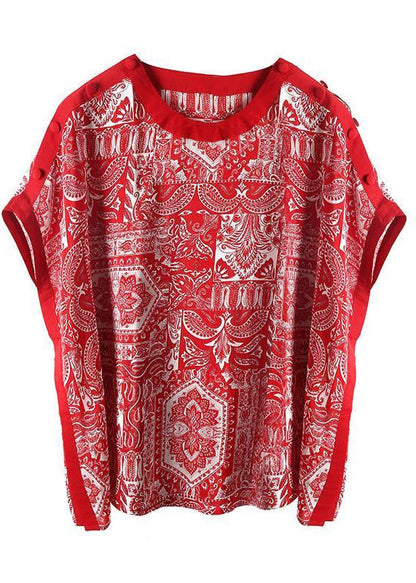 Red O-neck Print Draping Chiffon Tank Tops Short Sleeve