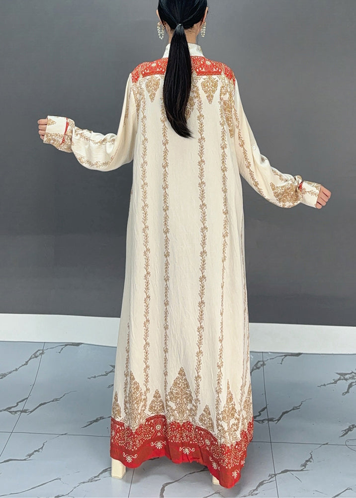 Red Peter Pan Collar Embroidered Print Maxi Dress Lantern Sleeve