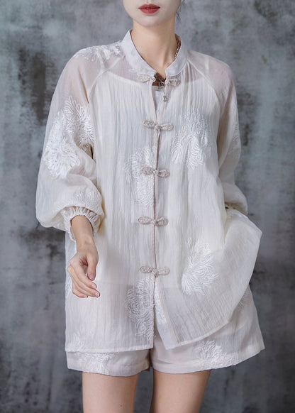 White Embroidered Chinese Button Chiffon Two Piece Set Summer