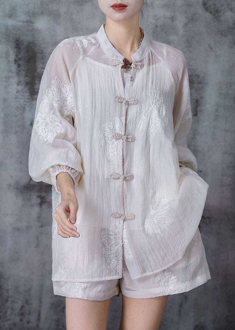 White Embroidered Chinese Button Chiffon Two Piece Set Summer