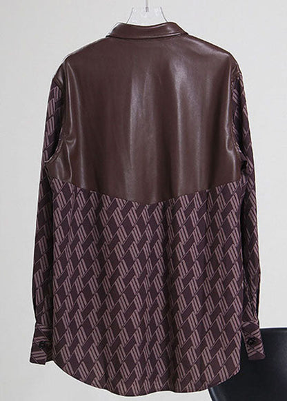 Loose Print Pu Patchwork Shirts Spring