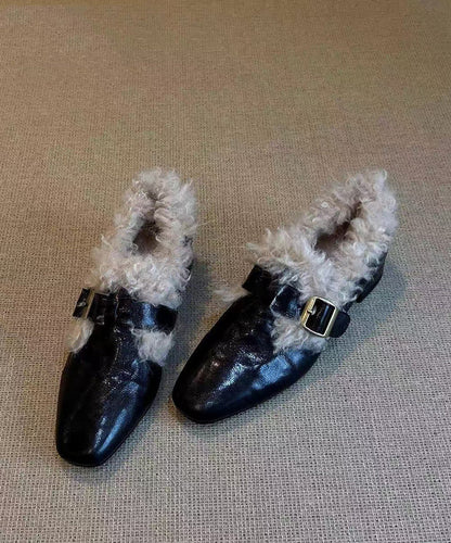 Black Faux Leather Splicing Chunky Loafer Shoes Fuzzy Wool Lined