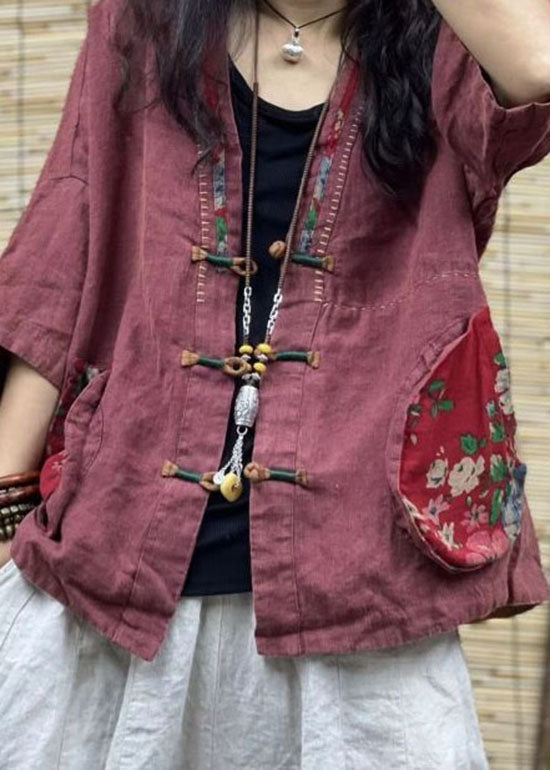 Red V Neck Pockets Chinese Button Patchwork Linen Coats Summer