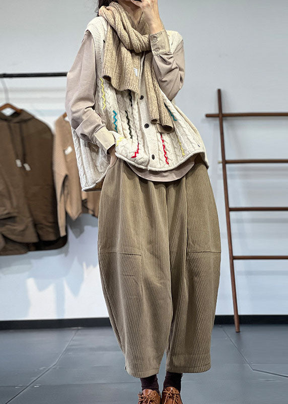 Beige Embroideried Button Thick Wool Knit Vests Winter