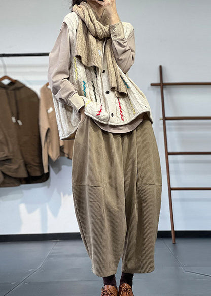 Beige Embroideried Button Thick Wool Knit Vests Winter
