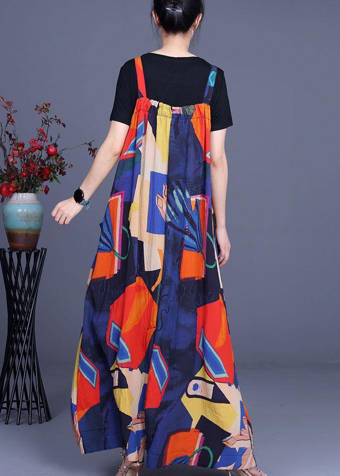 Summer Printed Dress Rayon Irregular Suspender Skirt + Black T-shirt Two Piece Set