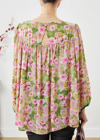 Handmade Pink Square Collar Print Chiffon Shirts Spring