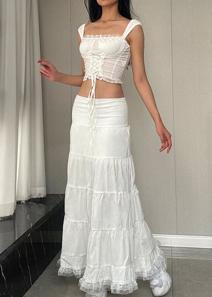 White Lace Tank and Skirts Cotton Two Pieces Set Sleeveless