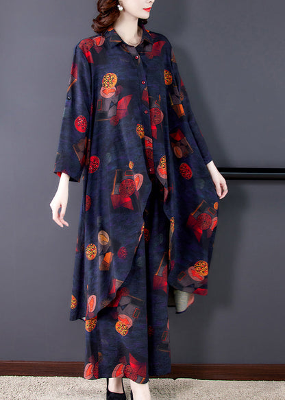 French Black Asymmetrical Print Chiffon Shirt and Wide Leg Pants Two Pieces Set Summer