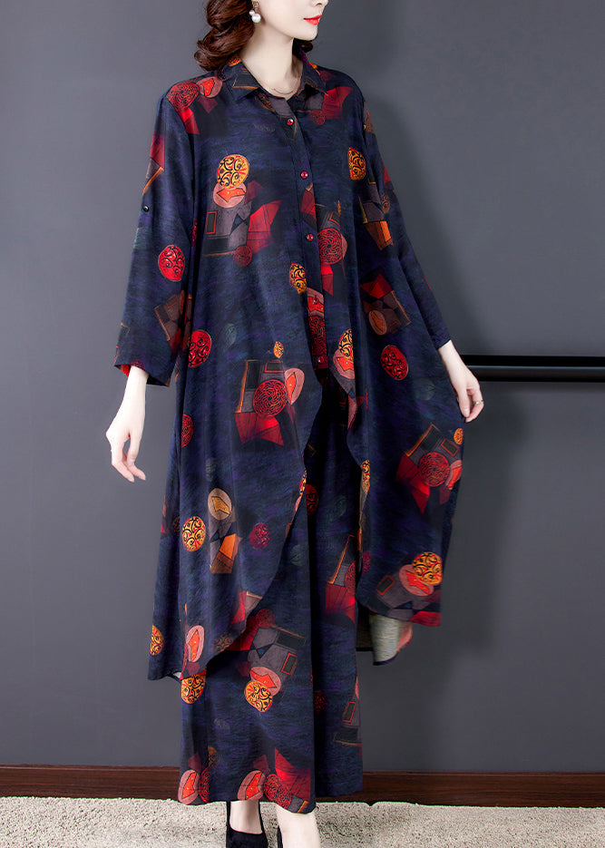 French Black Asymmetrical Print Chiffon Shirt and Wide Leg Pants Two Pieces Set Summer