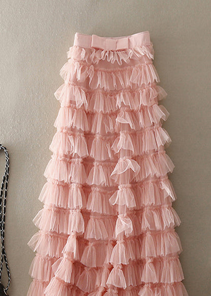 Pink Ruffled Patchwork Tulle Skirt Spring