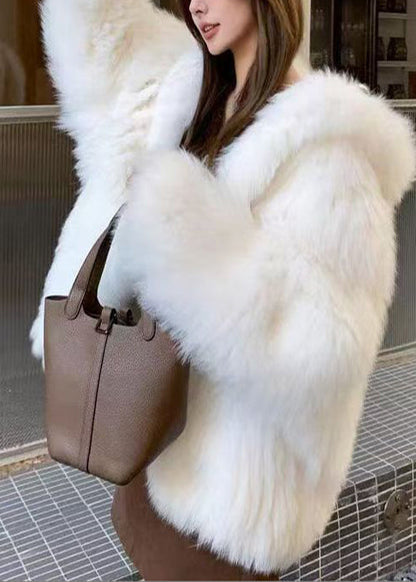 Blue Oversized Warm Fox Fur Hoodie Coat Winter