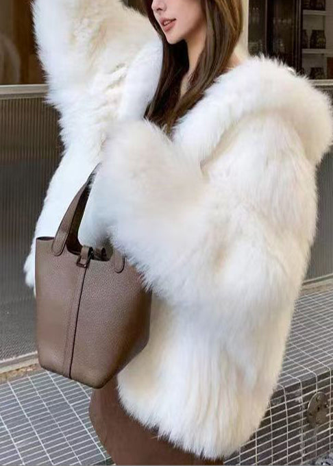 Blue Oversized Warm Fox Fur Hoodie Coat Winter