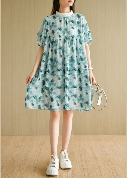 Green Peter Pan Collar Print Summer Cotton Dress Short Sleeve