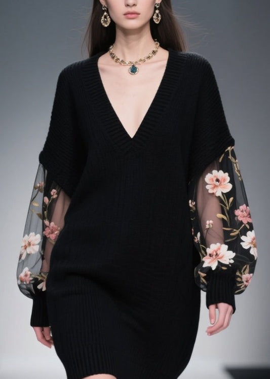 Italian Black Tulle Patchwork Knitwear Dress Fall
