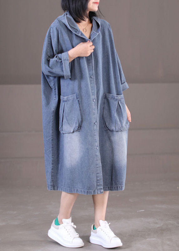 Denim Blue Hooded Pockets Cotton Long Dress Long Sleeve