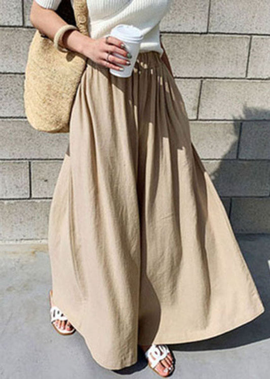 Khaki Elastic Waist Color Cotton Wide Leg Pants Summer