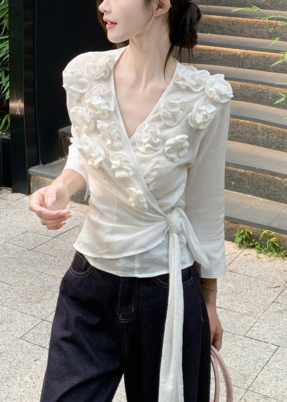 Slim Fit White V Neck Lace Up Cotton T Shirt Fall