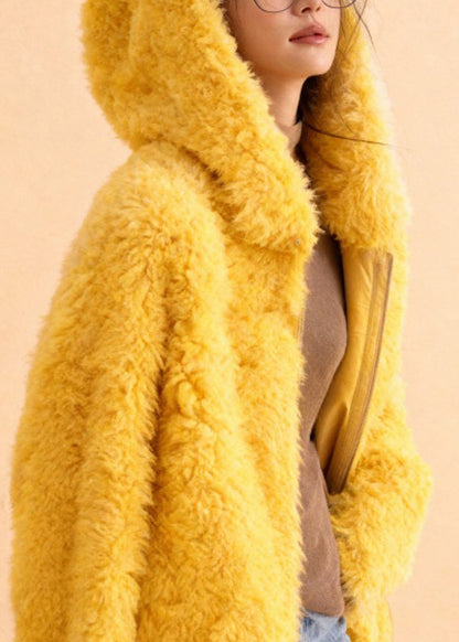 Simple Yellow Hooded Teddy Faux Fur Coats Winter