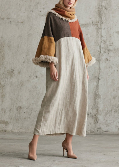 Original Design Colorblock Fuzzy Fur Patchwork Cotton Dress Fall