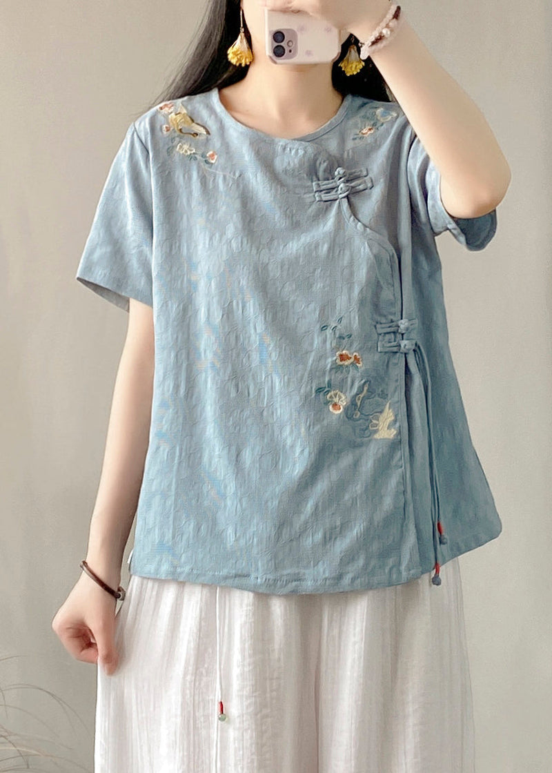 Blue Embroideried Button Patchwork Linen Top O-neck Short Sleeve