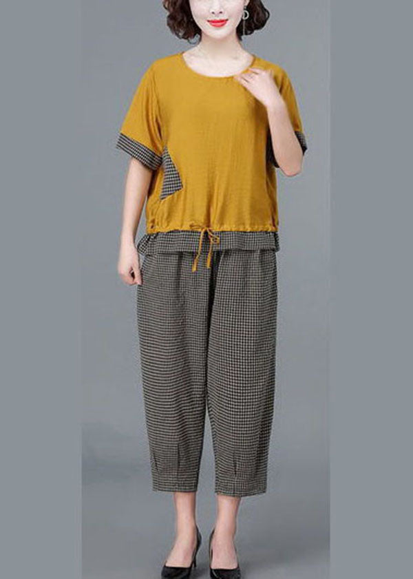 Yellow O-neck Plaid Linen Tops and Crop Harem Pants Two Pieces Set Short Sleeve