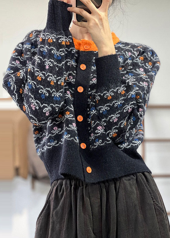 Black O-neck Jacquard Patchwork Knit Cardigans Winter