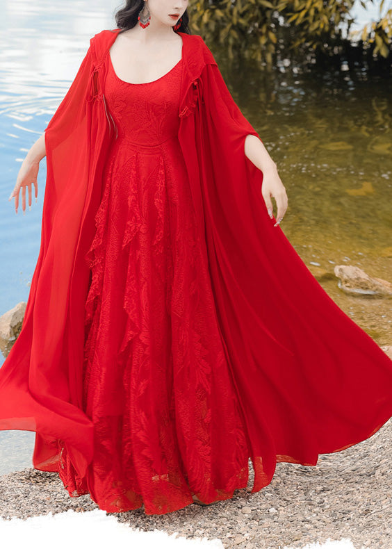 Retro Vacation Style Chiffon Hooded Red Cape and Dress Two-piece Set