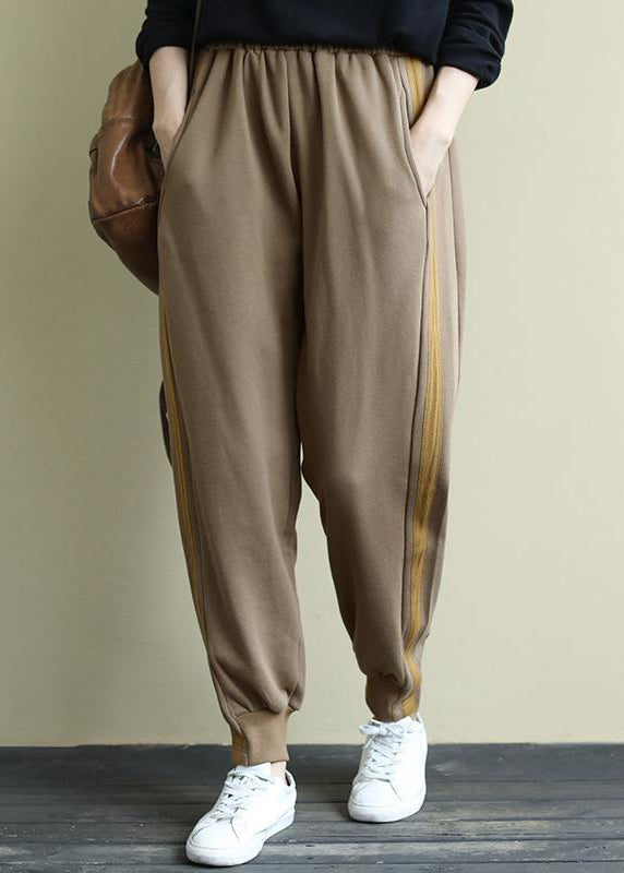 Khaki Pockets Elastic Waist Warm Fleece Beam Pants Winter