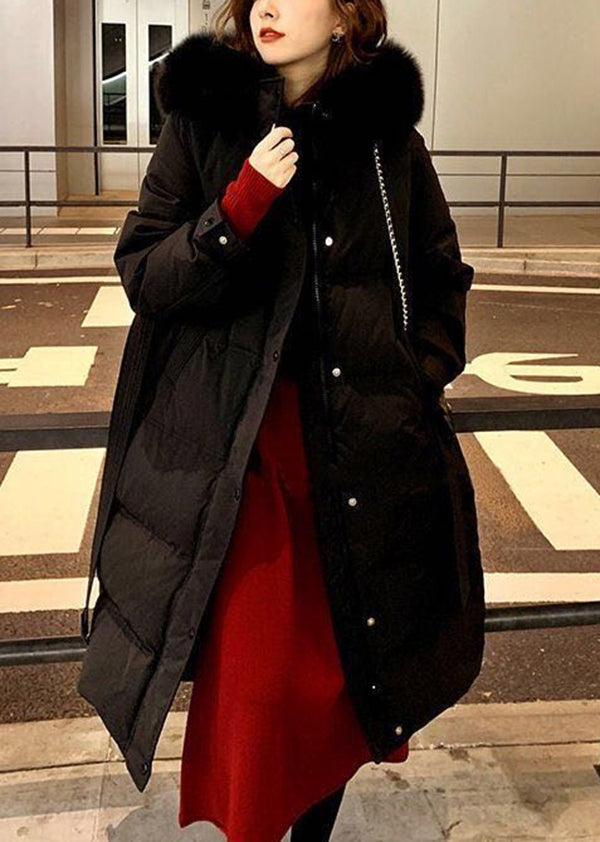 Black Fur Collar Hooded Tie Waist Fine Cotton Filled Puffers Coat Winter