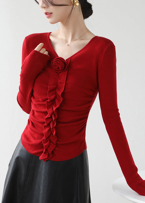Fitted Red V Neck Ruffled Knit Top Spring