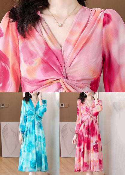 Unique Pink Print High Waist Chiffon Dress Spring
