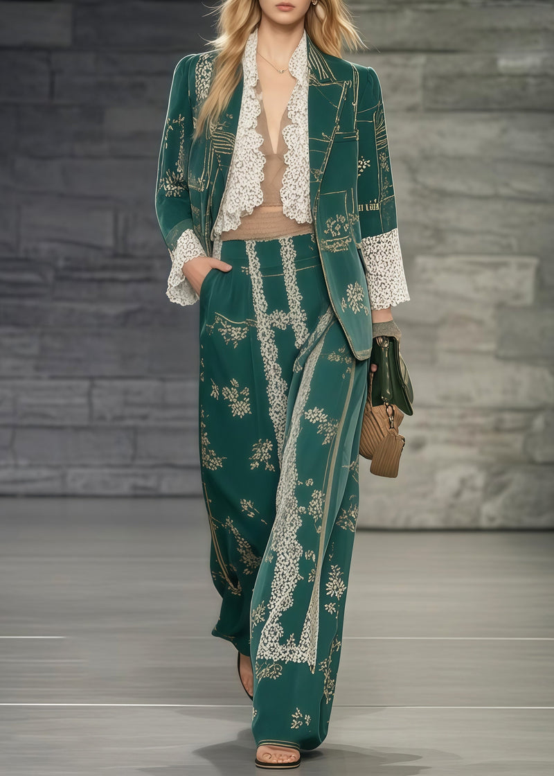 Tea Green Print Patchwork Lace Two Pieces Set Oversized Spring