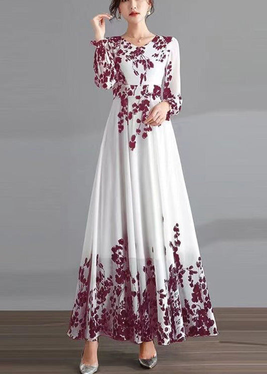 Diy Red O-neck Print Tunic Chiffon Holiday Long Dresses Long Sleeve