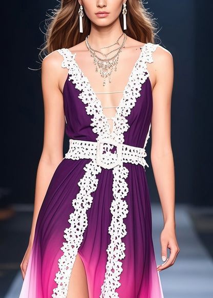 Classy Gradient Purple Side Open Lace Patchwork Chiffon Vestidos Dress Summer
