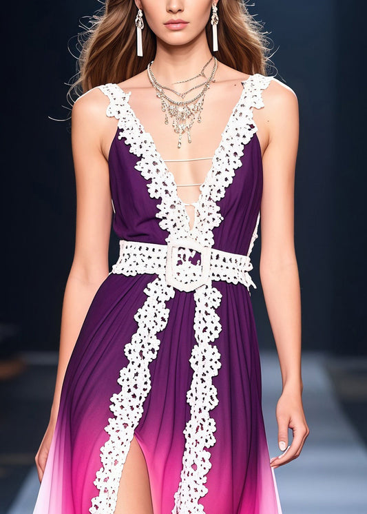 Classy Gradient Purple Side Open Lace Patchwork Chiffon Vestidos Dress Summer