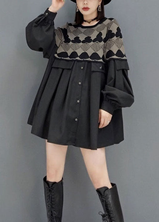 Style Black O-neck Button Print Patchwork Knit Dresses Spring