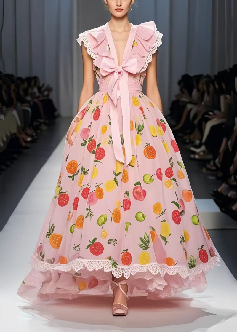 Pink Print Bow Exra Large Hem Chiffon Party Dress Sleeveless