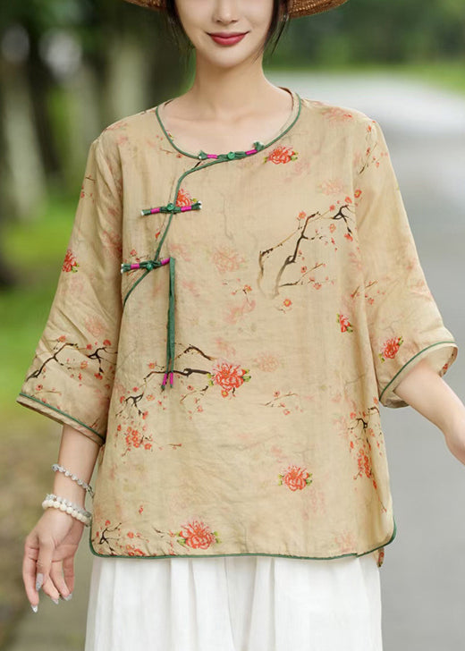 Khaki Button Print Linen Blouse Bracelet Sleeve