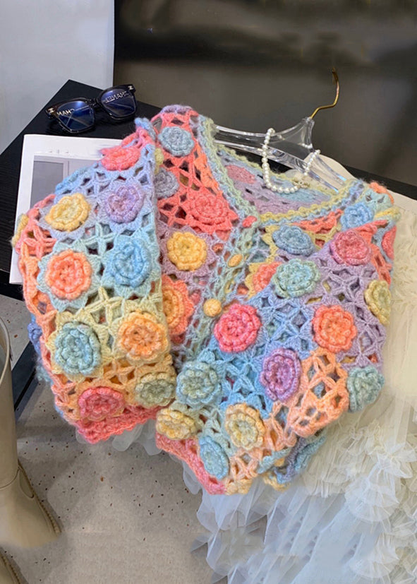 Rainbow V Neck Hollow Out Knit Cardigan Fall