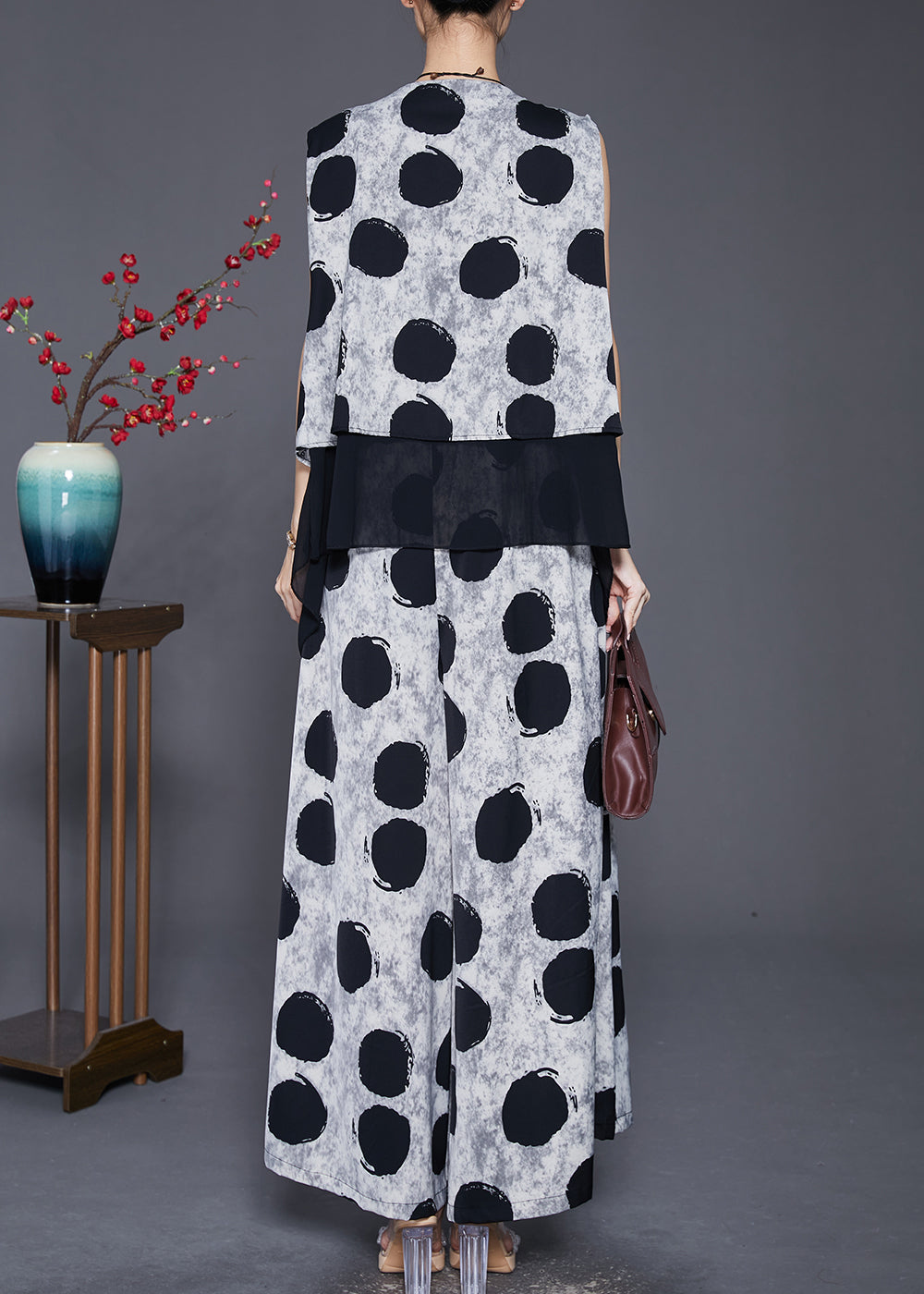 White Asymmetrical Patchwork Circles Cotton Two Piece Set Outfits Fall