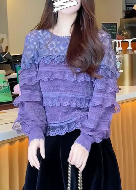 Purple O-neck Ruffled Patchwork Lace Tops Fall
