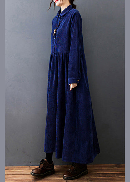 Blue Peter Pan Collar Wrinkled Corduroy Vacation Dresses Long Sleeve