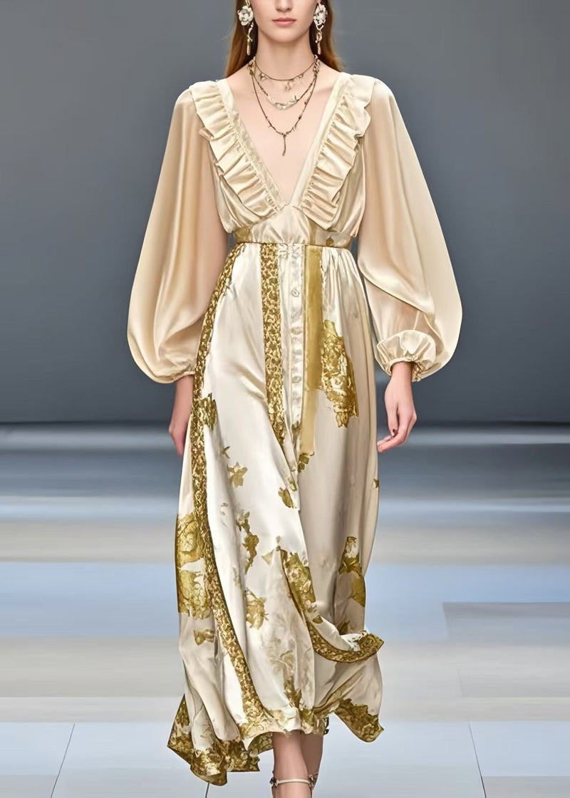 Champagne Ruffled Print Silk Dress Summer