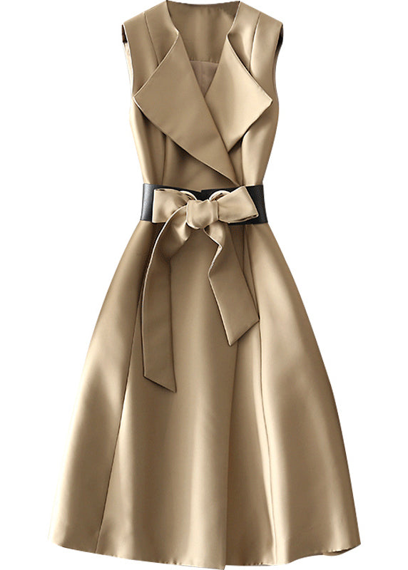 Khaki Peter Pan Collar Bow Cotton Dress Sleeveless Summer